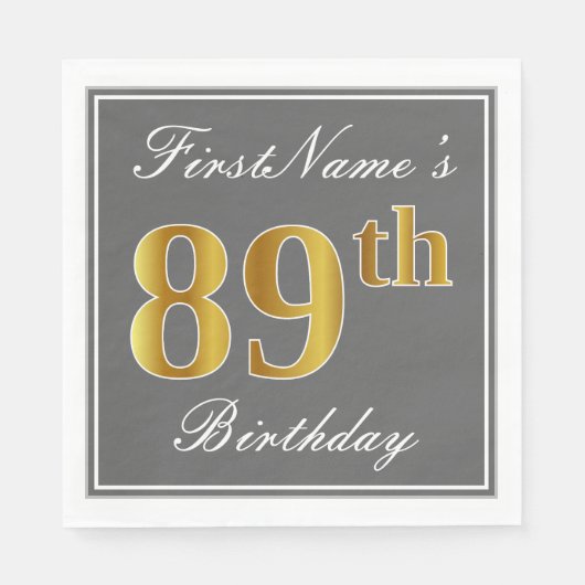 Serviette En Papier Elégant Grey, Faux Gold 89e anniversaire; Nom pers (Devant)