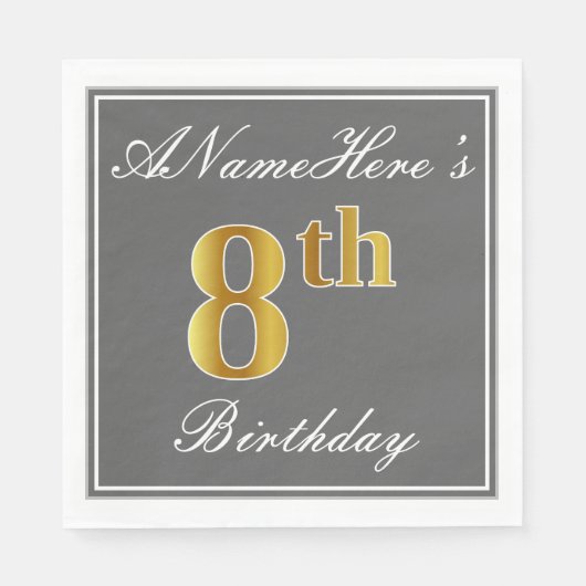 Serviette En Papier Elegant Grey, Faux Gold 8e anniversaire + Nom pers (Devant)