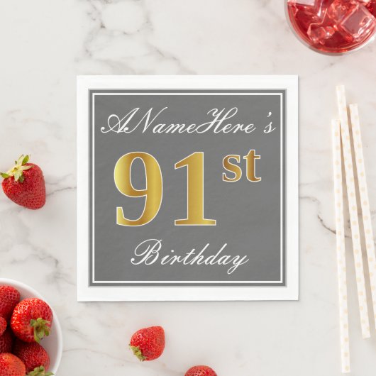 Serviette En Papier Elégant Grey, Faux Gold 91e anniversaire; Nom pers (En situation)
