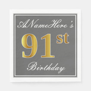 Serviette En Papier Elégant Grey, Faux Gold 91e anniversaire; Nom pers
