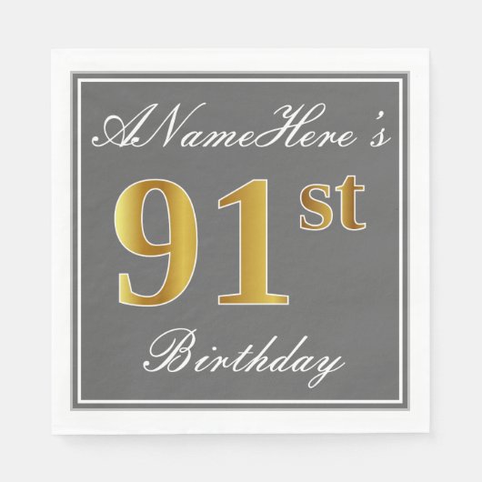 Serviette En Papier Elégant Grey, Faux Gold 91e anniversaire; Nom pers (Devant)