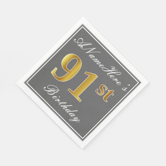 Serviette En Papier Elégant Grey, Faux Gold 91e anniversaire; Nom pers (Coin)