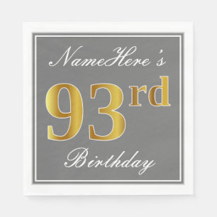Serviette En Papier Elégant Grey, Faux Gold 93e anniversaire; Nom pers