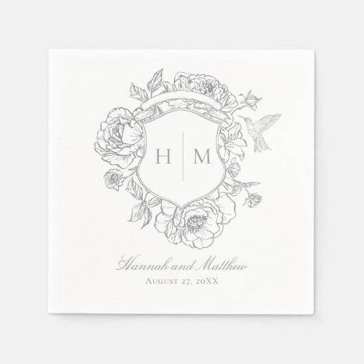 Serviette En Papier Elégant Gris Chinoiserie Bird Crest Mariage (Devant)