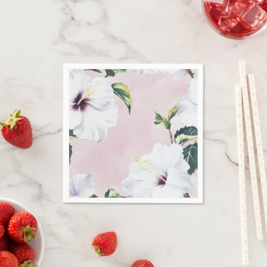 Serviette En Papier Elégant Hibiscus blanc sur Arrière - plan rose dou (En situation)