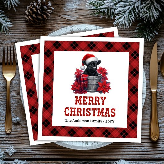 Serviette En Papier Elegant highland cow red black plaid Xmas napkins