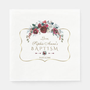 Serviette En Papier Élégant Hiver Bourgogne Floral Pine Or Baptême