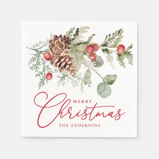 Serviette En Papier Elegant Holly Berries et Pine Cones Noël (Devant)