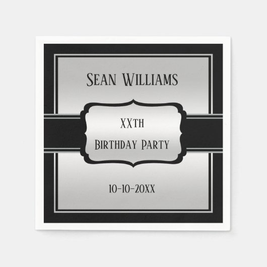 Serviette En Papier Elégant homme's Silver & Black Anniversaire (Devant)