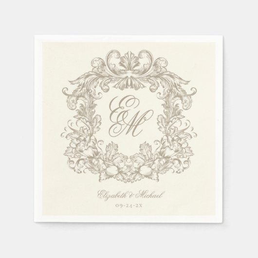 Serviette En Papier Elegant Ivory Monogram Crest Script Wedding (Devant)