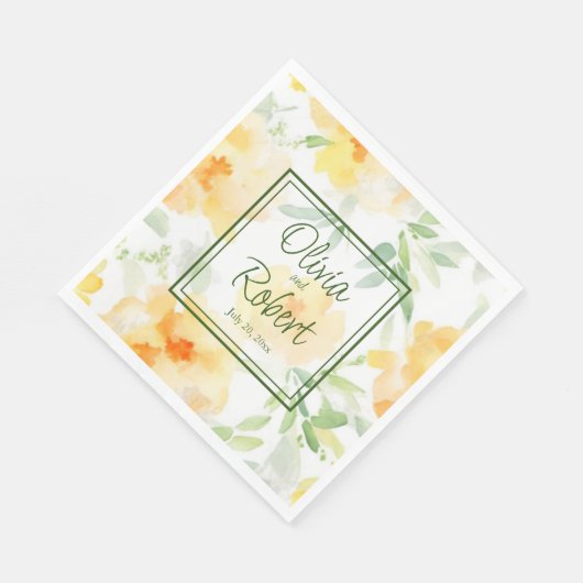 Serviette En Papier Elégant jaune pêche orange aquarelle fleurie (Coin)
