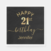 Serviette En Papier élégant joyeux anniversaire 21e or noir (Devant)