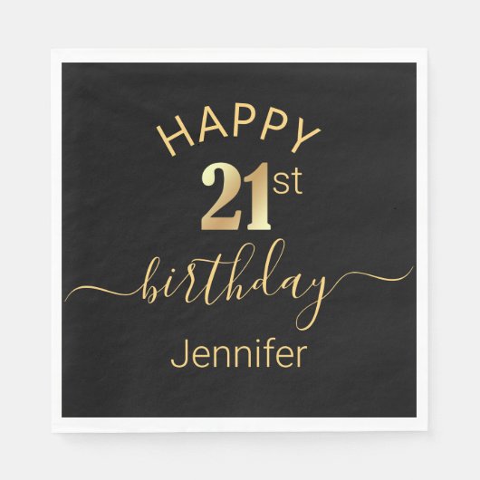 Serviette En Papier élégant joyeux anniversaire 21e or noir (Devant)