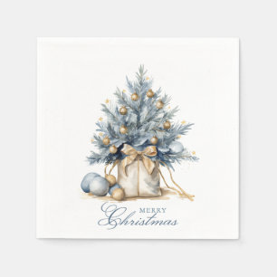 Serviette En Papier Elégant Joyeux Arbre de Noël Or bleu Aquarelle