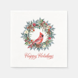 Serviette En Papier Élégant Joyeux Joyeux Vacances Wreath Cardinal Rou