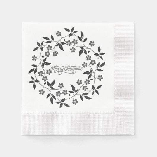 Serviette En Papier Élégant Joyeux Noël Argent Floral (Devant)