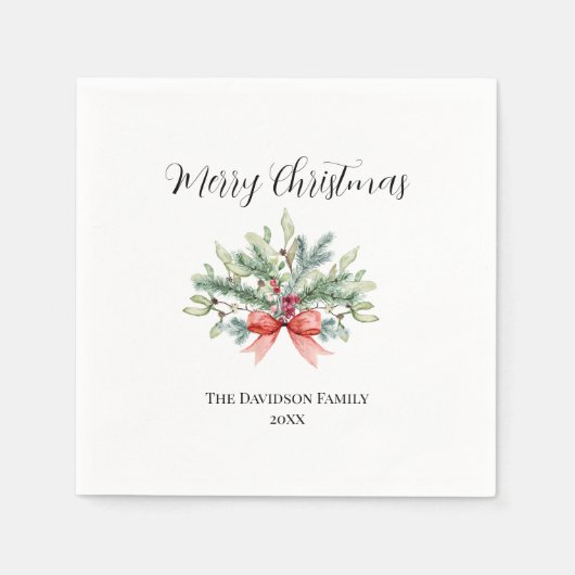 Serviette En Papier Elégant Joyeux Noël Famille Aquarelle Verdure (Devant)