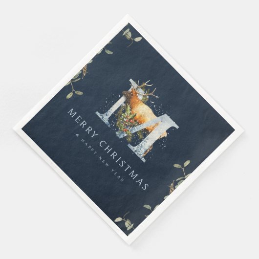 Serviette En Papier Élégant Joyeux Rindeer Monogramme de Noël (Coin)