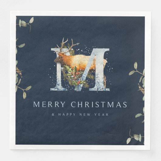 Serviette En Papier Élégant Joyeux Rindeer Monogramme de Noël (Devant)