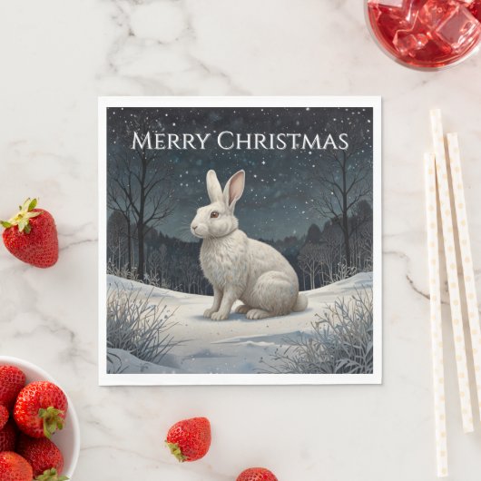 Serviette En Papier Elégant lapin blanc Noël forêt enneigée (En situation)
