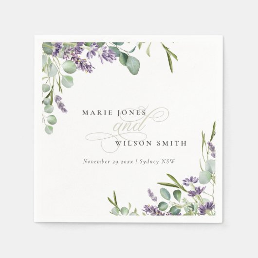 Serviette En Papier Élégant Lavande Eucalyptus Mariage de feuillage fe (Devant)
