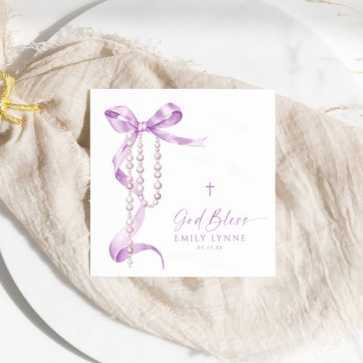 Serviette En Papier Élégant Lavender Bow & Rosary Baptisme
