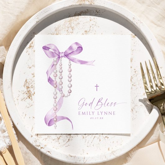 Serviette En Papier Élégant Lavender Bow & Rosary Baptisme