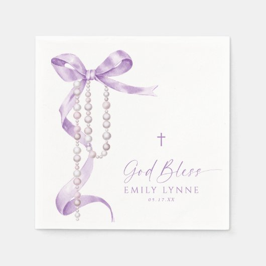 Serviette En Papier Élégant Lavender Bow & Rosary Baptisme (Devant)