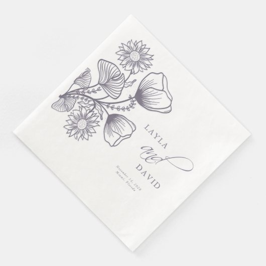 Serviette En Papier Élégant Lavender Floral Outline Mariage (Coin)