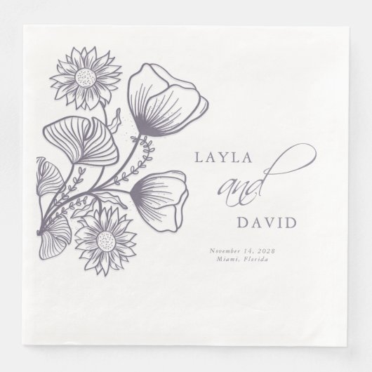 Serviette En Papier Élégant Lavender Floral Outline Mariage (Devant)