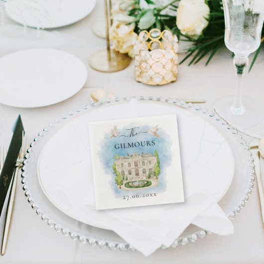 Serviette En Papier Élégant lieu | fleurs colombes Mariage Luxe