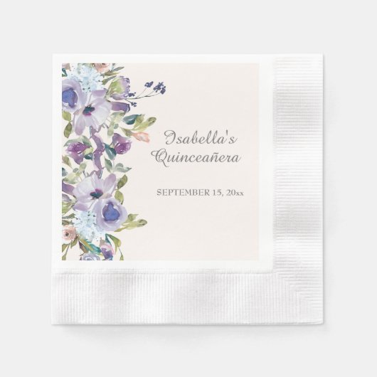 Serviette En Papier Elégant Lilac bleu Floral Horizontal Quinceañera (Devant)