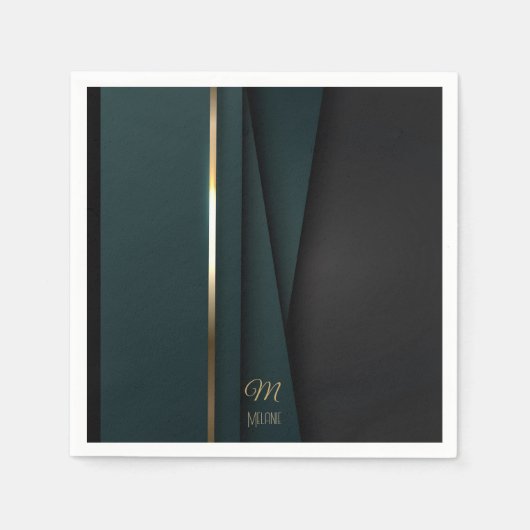 Serviette En Papier Élégant Luxueux Dark Green Gold Monogramme Nom (Devant)