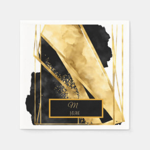 Serviette En Papier Élégant Luxueux Noir Or Monogramme Glamour Moderne