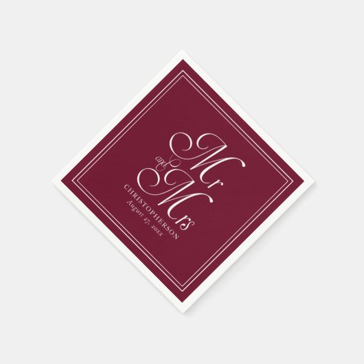Serviette En Papier Élégant M. et Mme Burgundy Marsala Mariage (Coin)