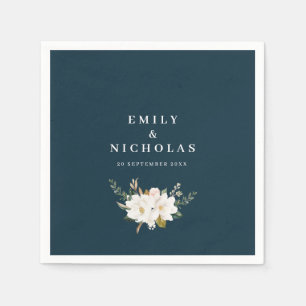 Serviette En Papier élégant magnolia floral marine bleu mariage