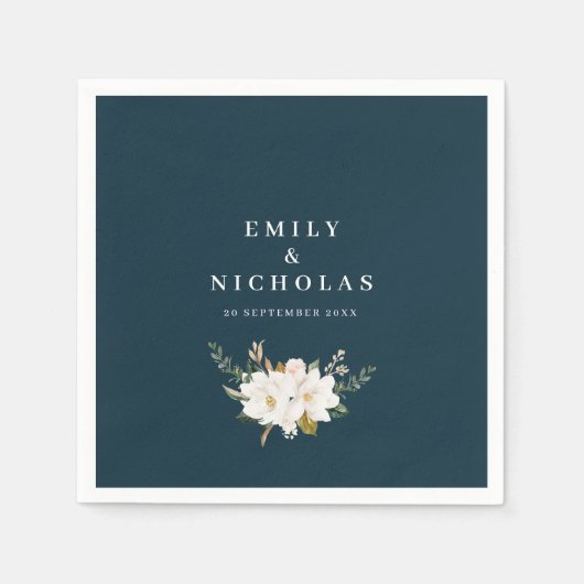 Serviette En Papier élégant magnolia floral marine bleu mariage (Devant)