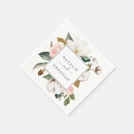 Serviette En Papier Élégant Magnolia | Mariage blanc et blanc (Coin)