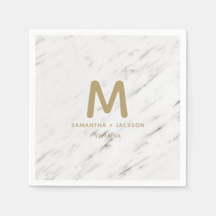 Serviette En Papier Élégant Marbre blanc et or Mariage à huile Monogra