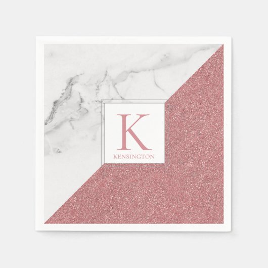 Serviette En Papier Élégant marbre bleu rose Parties scintillant Monog (Devant)