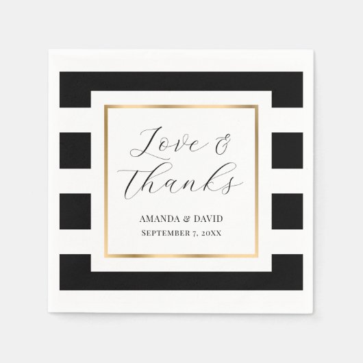 Serviette En Papier Élégant Mariage à rayures noir et or (Devant)