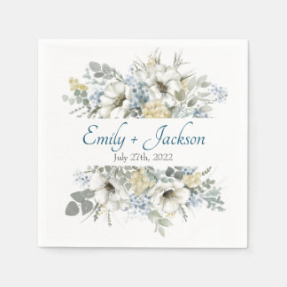 Serviette En Papier Élégant mariage aquarelle florale blanche et bleue