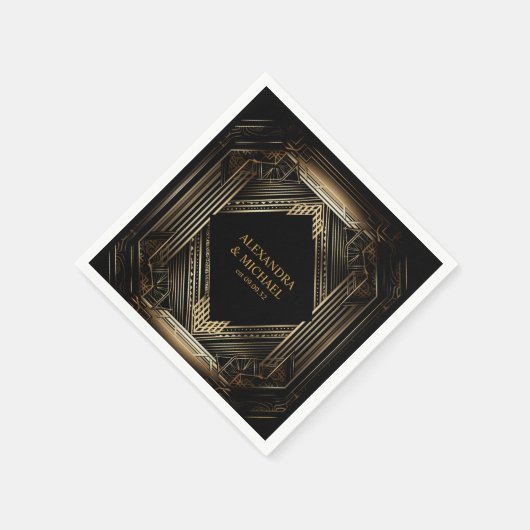 Serviette En Papier Elégant Mariage Art déco noir et or (Coin)