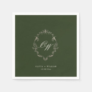 Serviette En Papier Élégant Mariage au Vert Olive Monogramme