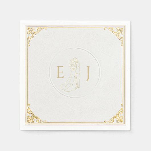 Serviette En Papier Élégant Mariage blanc avec initiales personnalisée (Devant)