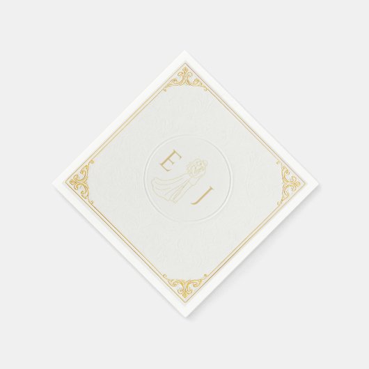 Serviette En Papier Élégant Mariage blanc avec initiales personnalisée (Coin)