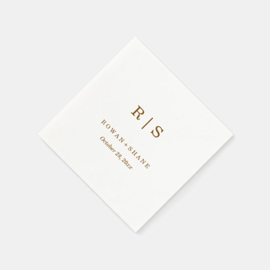Serviette En Papier Élégant Mariage blanc avec Monogramme Brown (Coin)
