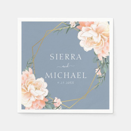 Serviette En Papier Élégant Mariage bleu bleu floral de pêche or (Devant)