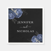 Serviette En Papier Élégant Mariage bleu floral noir (Devant)