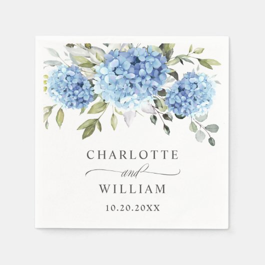 Serviette En Papier Élégant Mariage bleu Hydrangea Eucalyptus (Devant)